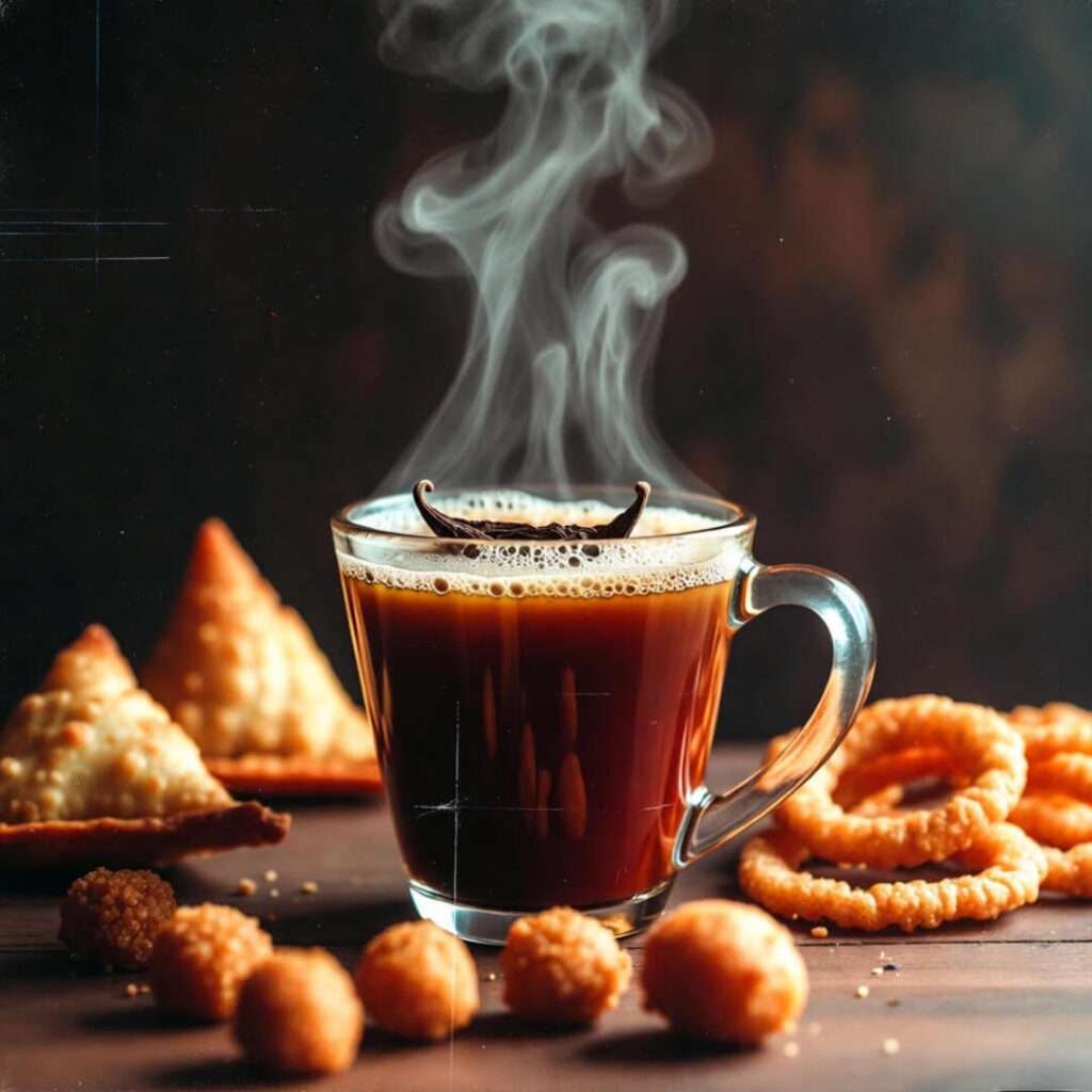 Steaming masala chai with Indian snacks, total vibe shift