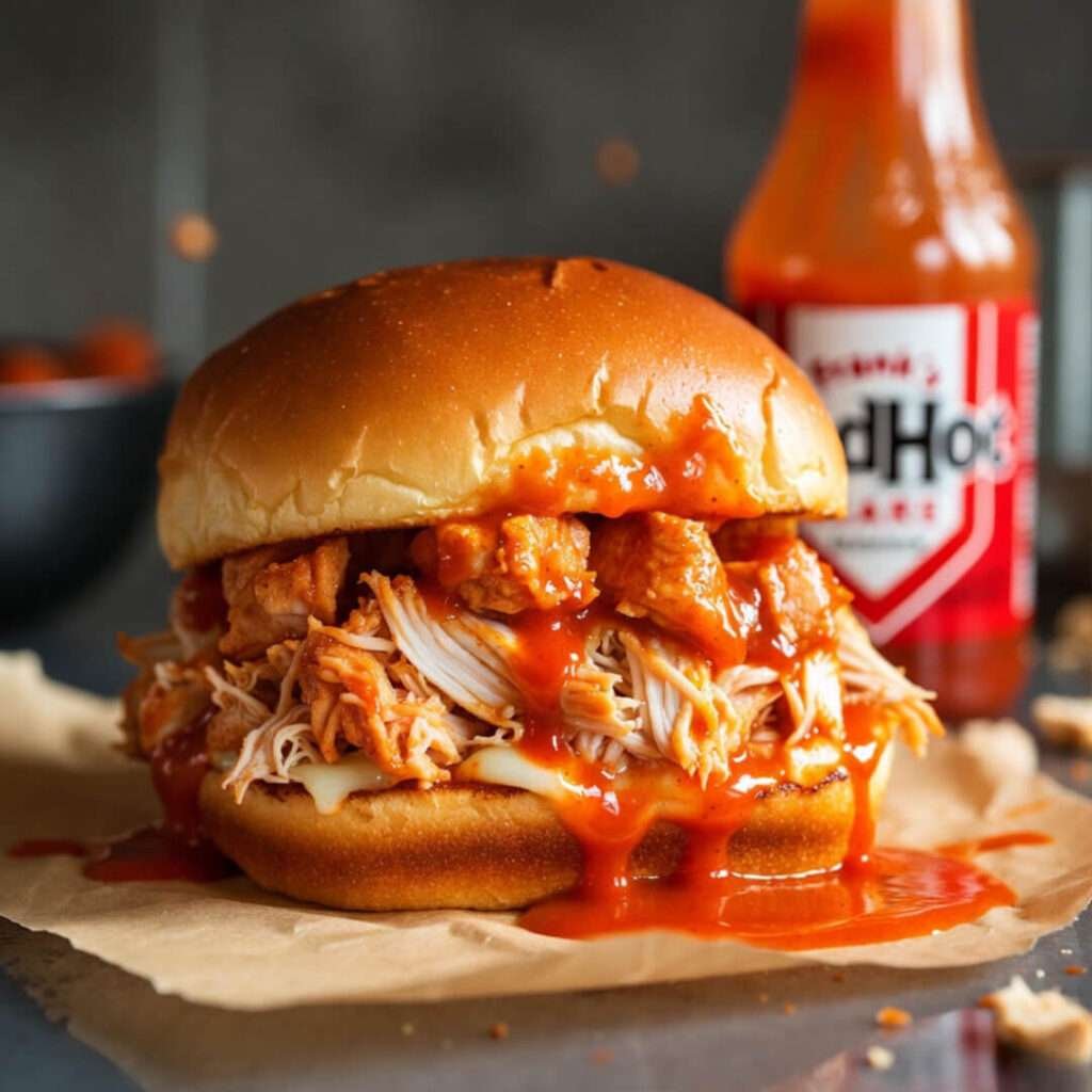 Drippy buffalo chicken pav with Frank’s bottle, messy counter.