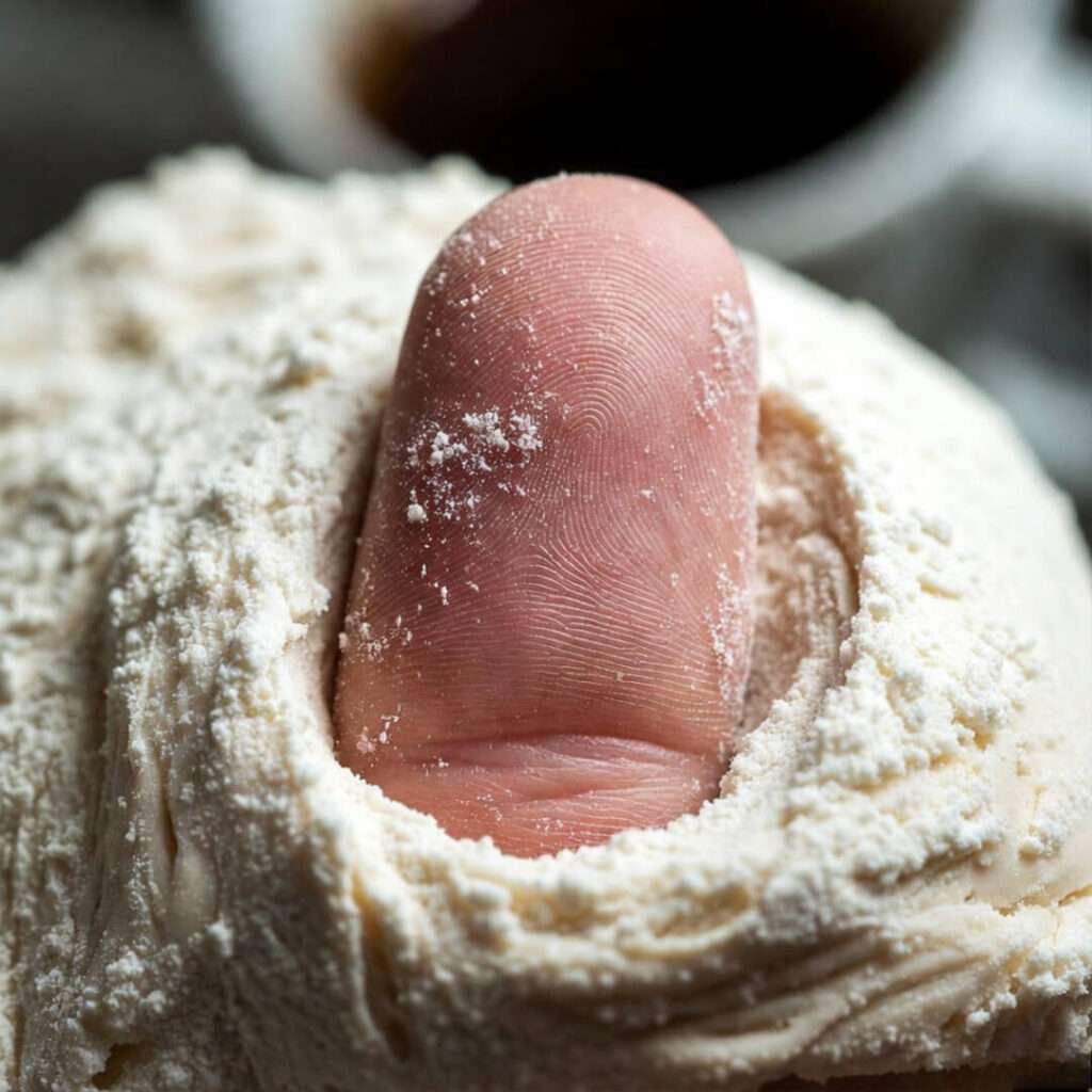 Thumbprint in flour-dusted raw cookie dough with mug.