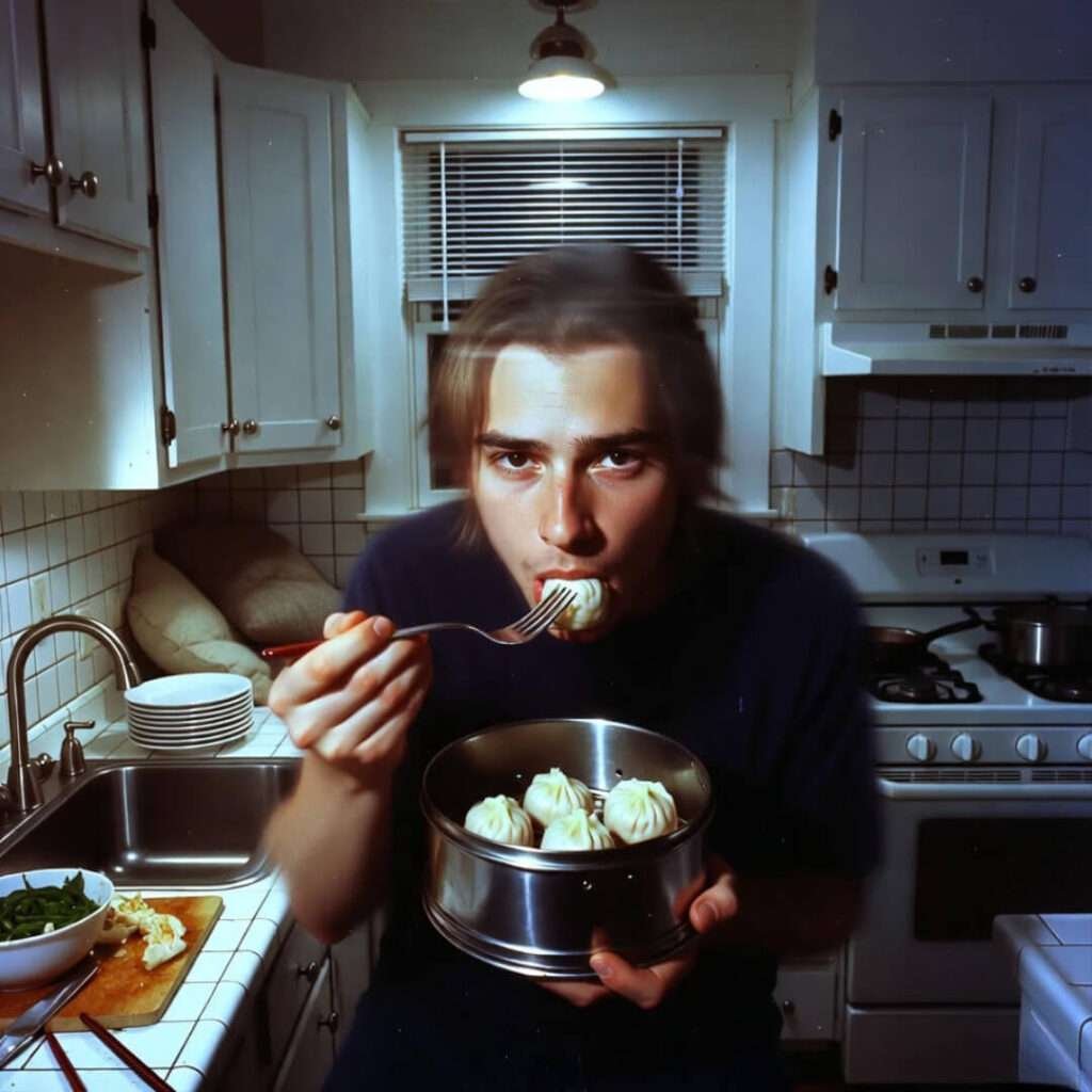 Guy eating cold dumplings with fork at 2 a.m.
