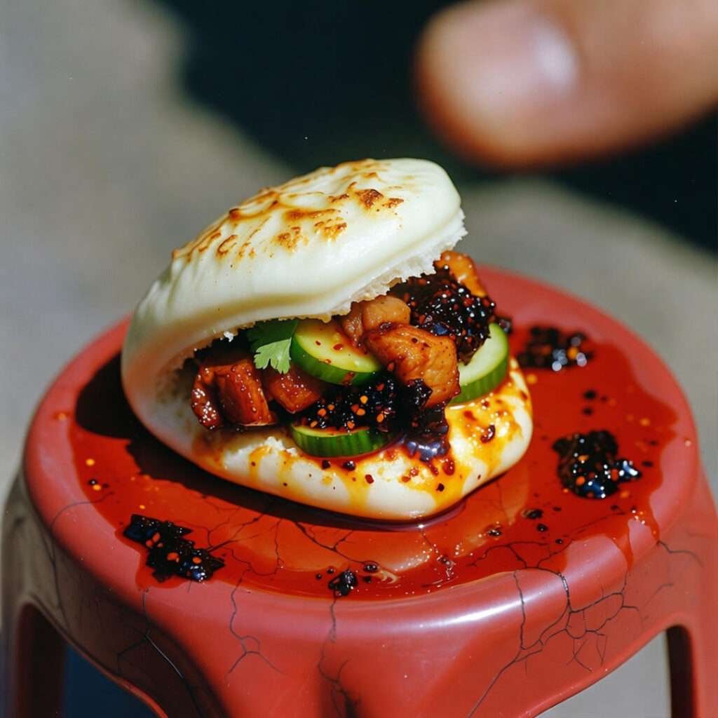 Messy half-eaten gua bao, chili oil chaos, thumb included