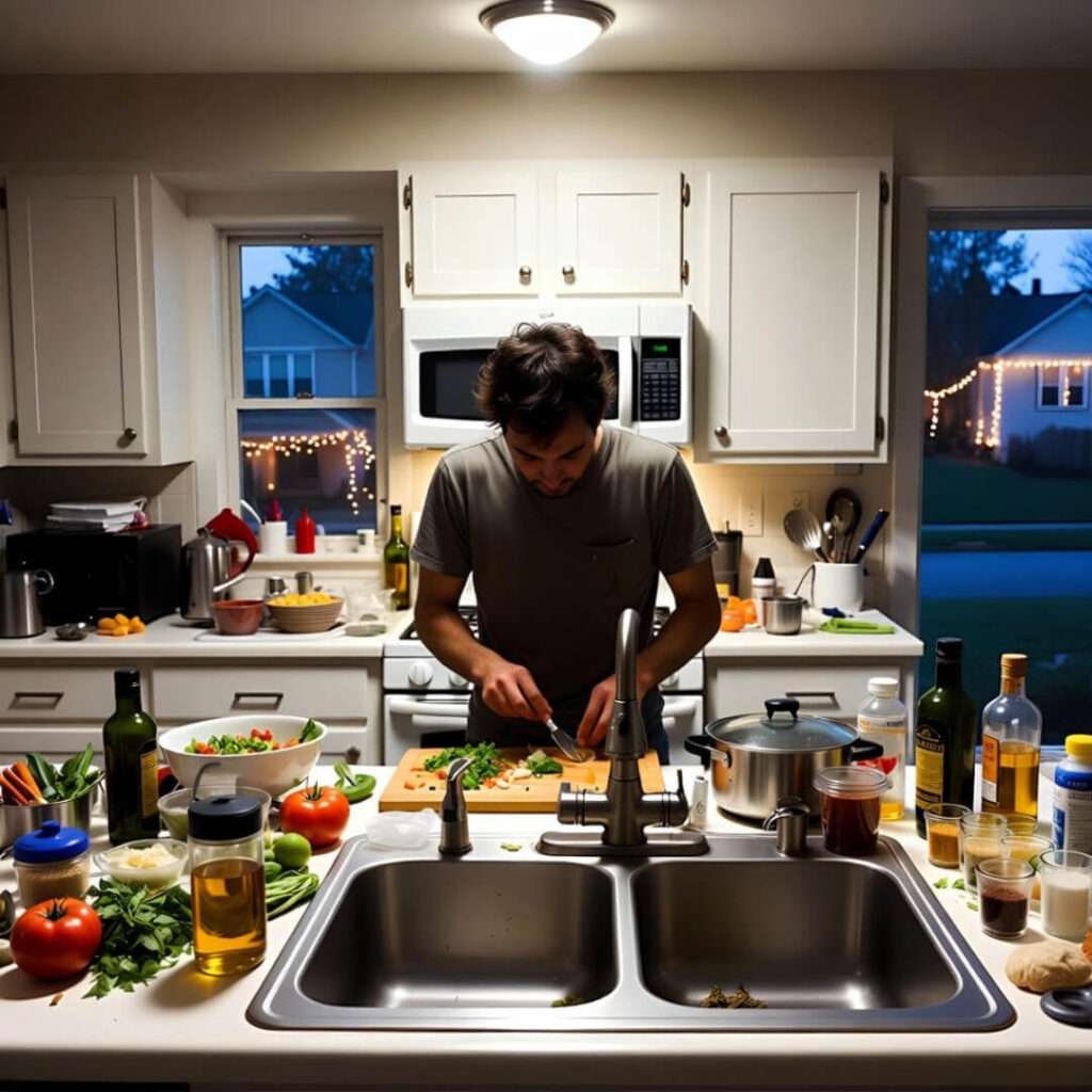 Messy Ohio kitchen, gray November, early Christmas lights