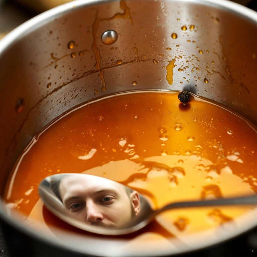 Greasy orange oil pot, defeated spoon reflection