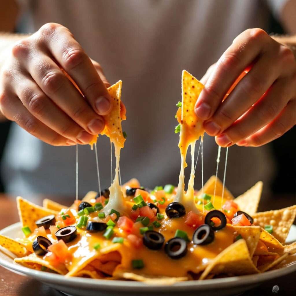 Hand pulling gooey nacho cheese stretch