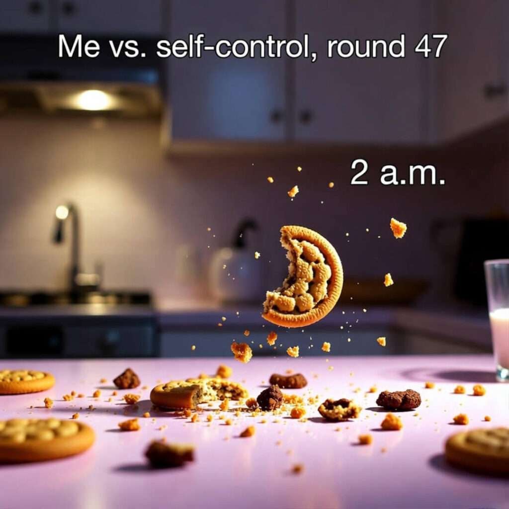 Bitten cookie mid-air over crumb chaos.