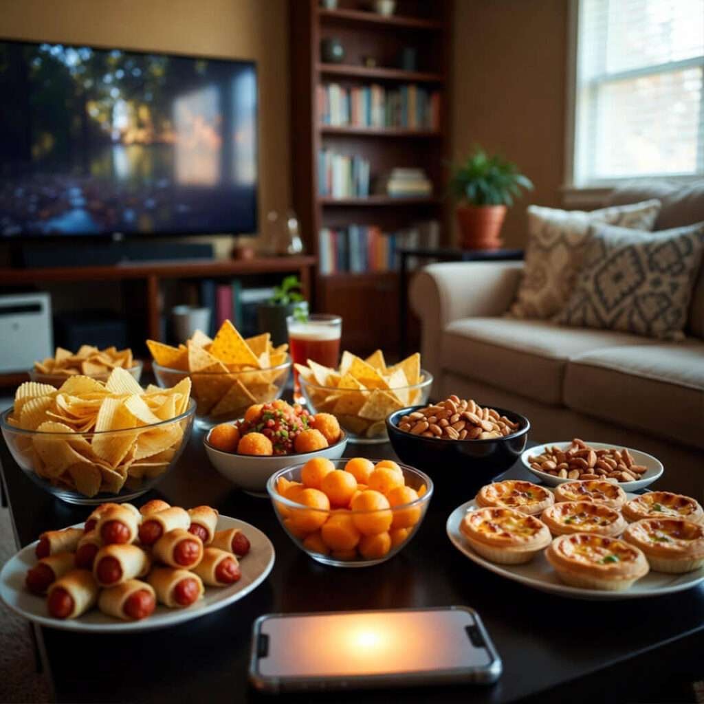 Cozy Midwestern coffee table loaded with party snacks.