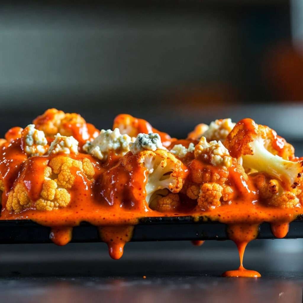 Dropped-tray buffalo cauliflower, sauce everywhere
