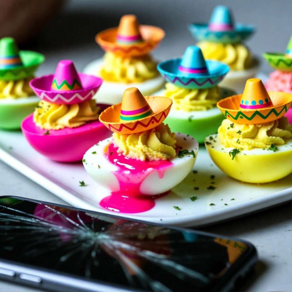 Cracked-phone shot of neon deviled eggs, one dramatically leaking pink yolk