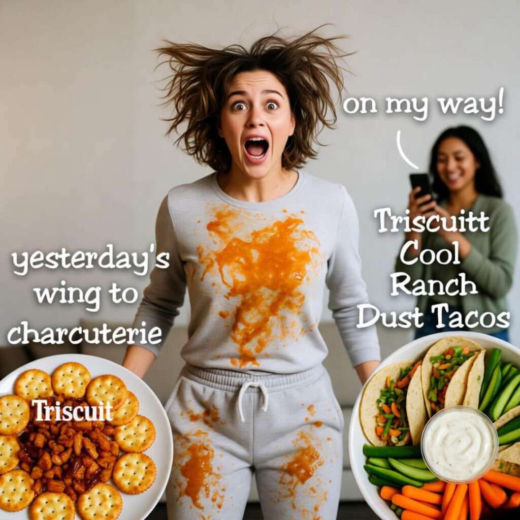 Panicked host in wing-stained sweats holding emergency snacks