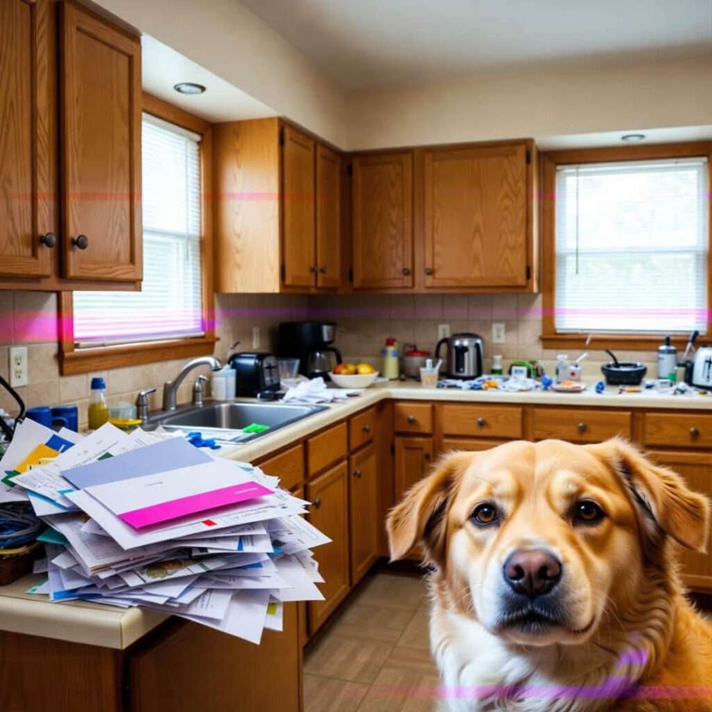 Cluttered Ohio kitchen counter, judging dog, mail avalanche