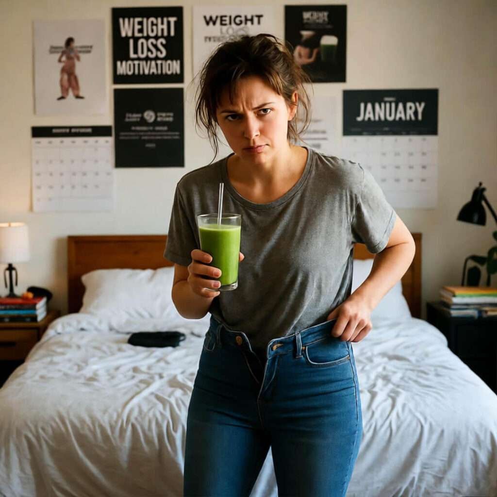 Tight jeans struggle while clutching green smoothie