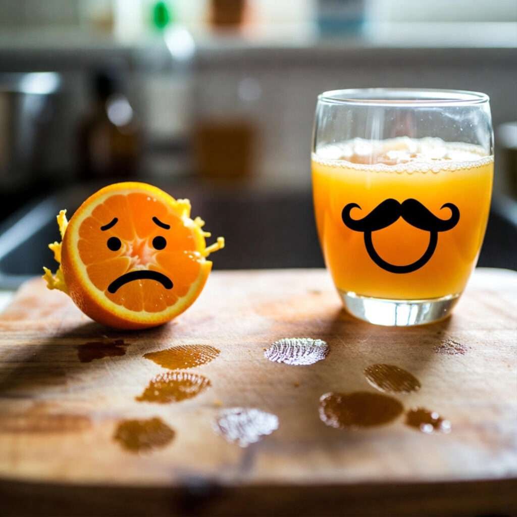 Turmeric-stained board, sad orange, mustache-marked glass