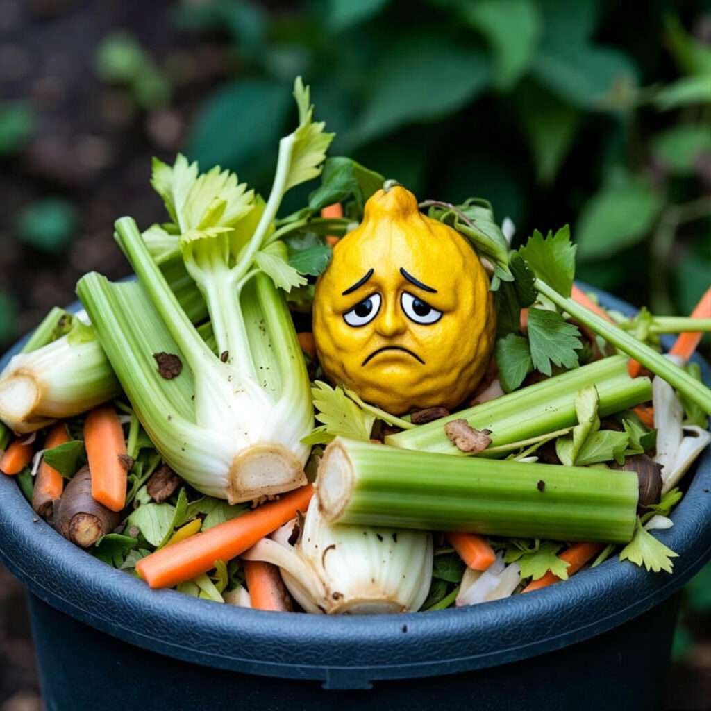 Overflowing compost bin with sad lemon corpse