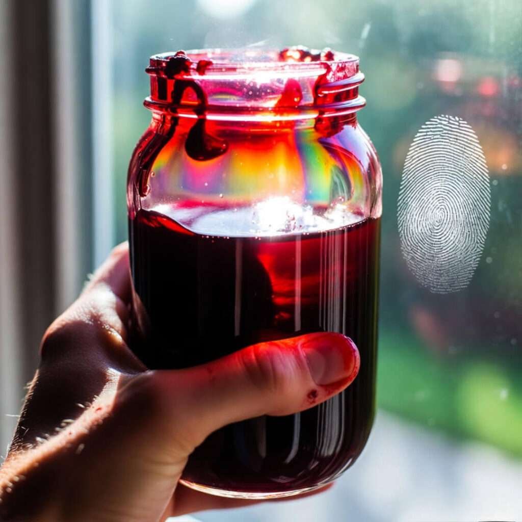 Beet-stained hand holding glowing juice jar by window