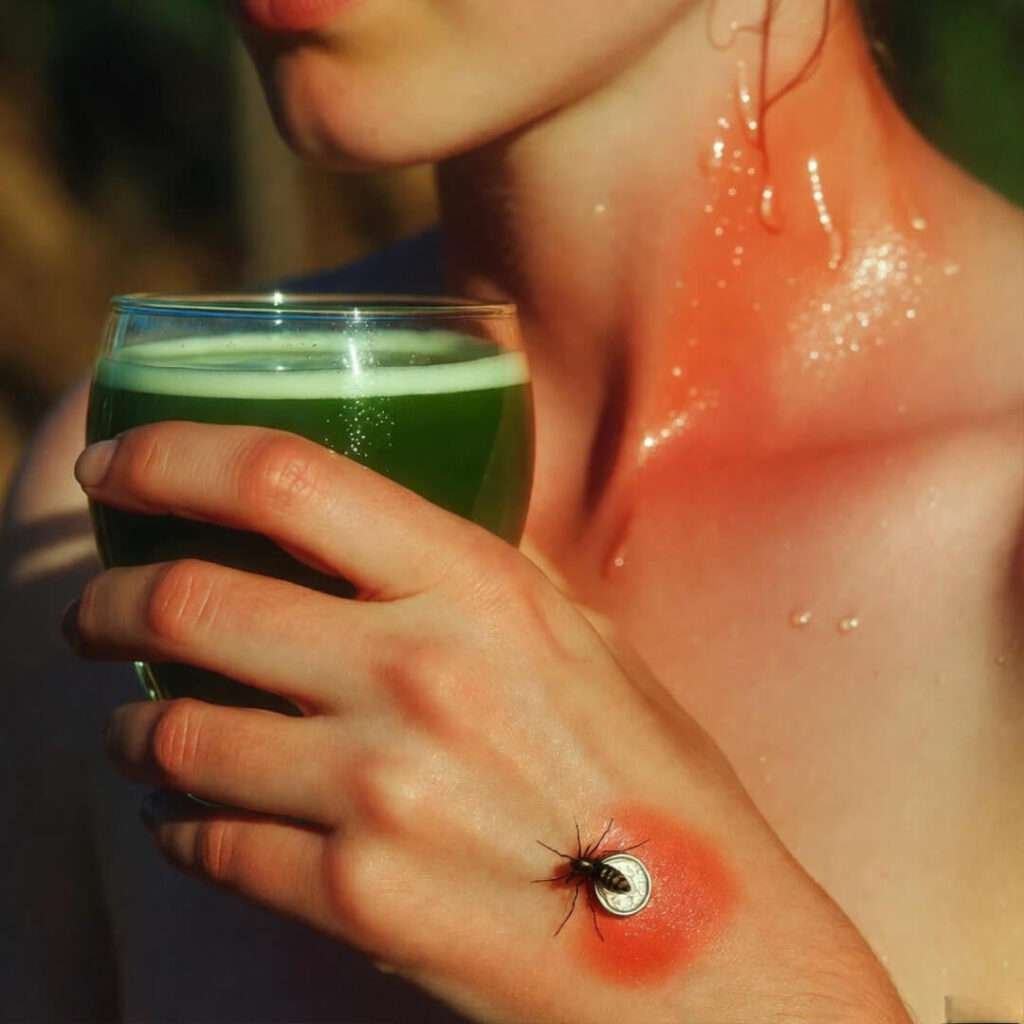 Sunburnt neck, green juice, giant mosquito bite disaster.