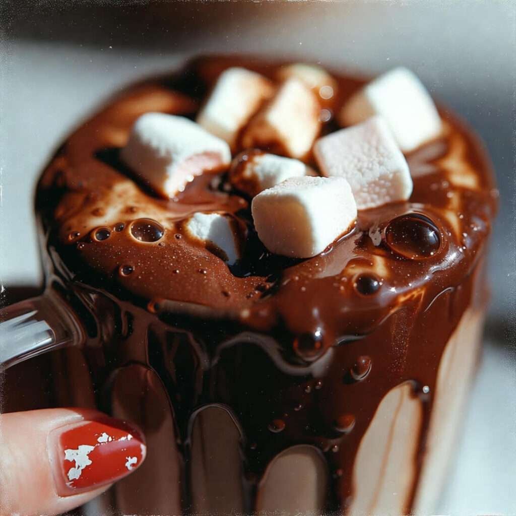 Tar-thick hot chocolate, defeated marshmallows, chipped red nails