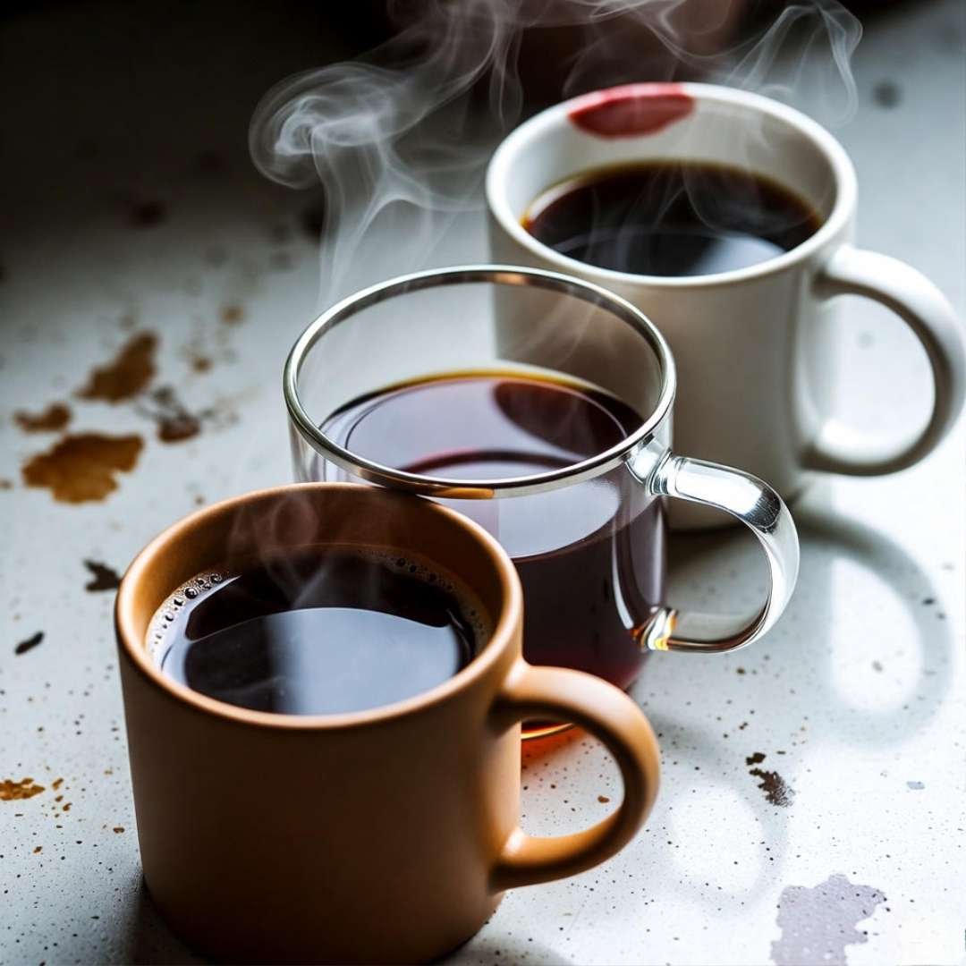 Three mismatched coffee mugs, lipstick smudge, stained counter.