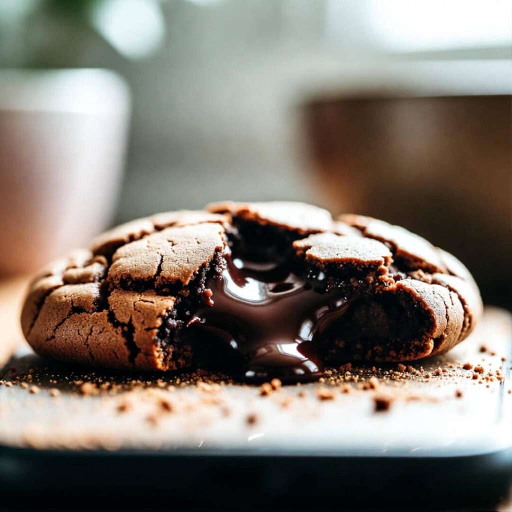 Cracked cookie oozing ganache, flour-dusted phone view.