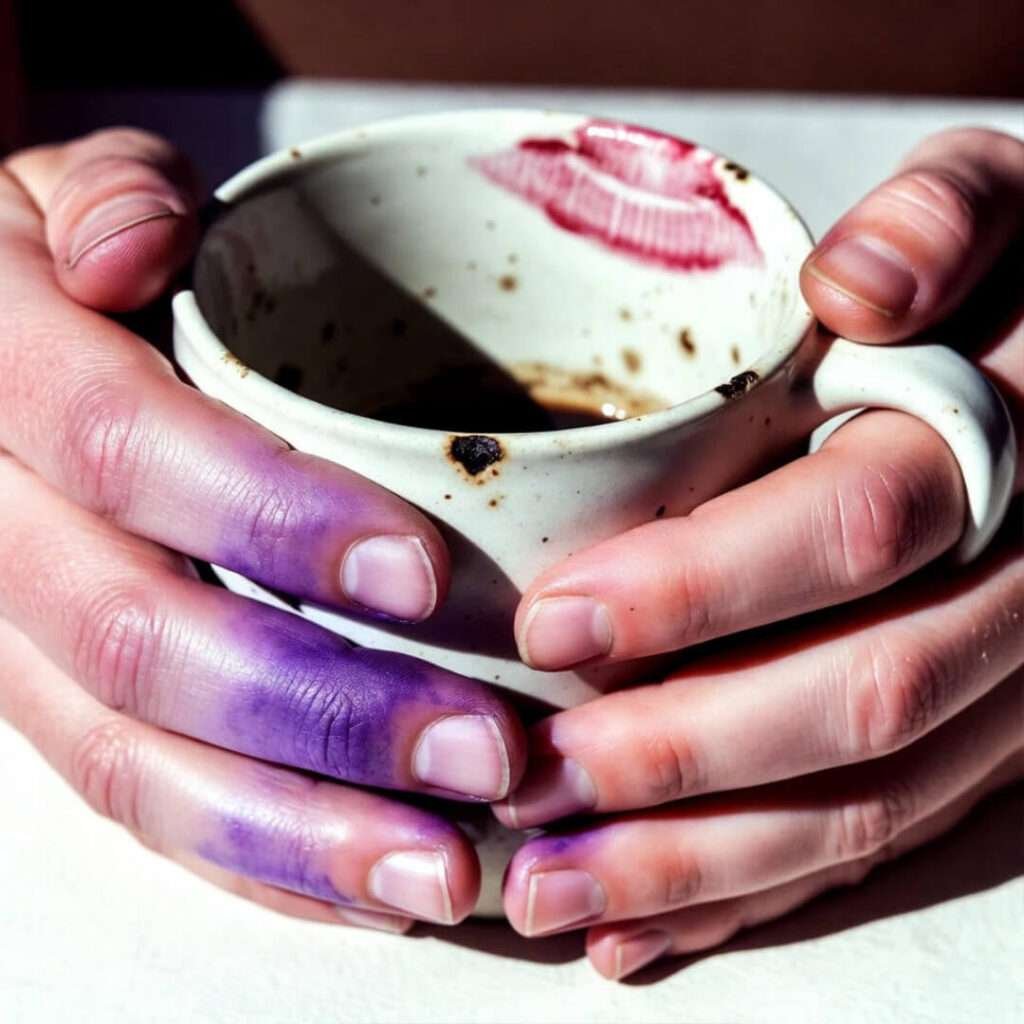 Purple-stained fingers holding chipped mug, lipstick mark