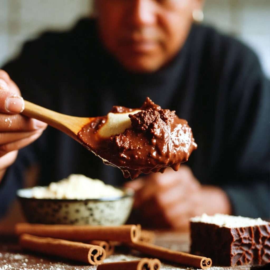 Standing spoon in thick champurrado sludge
