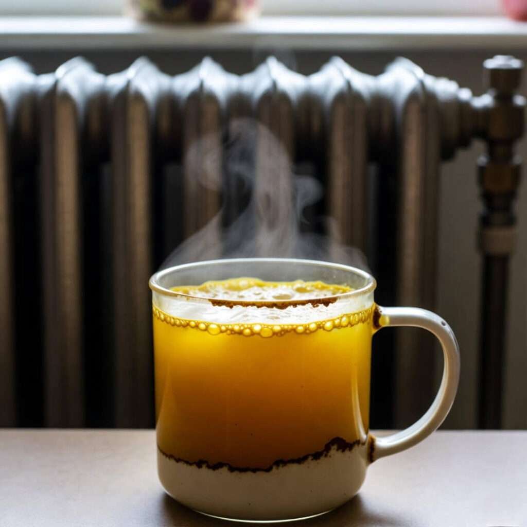 Steaming turmeric drink on clanking radiator