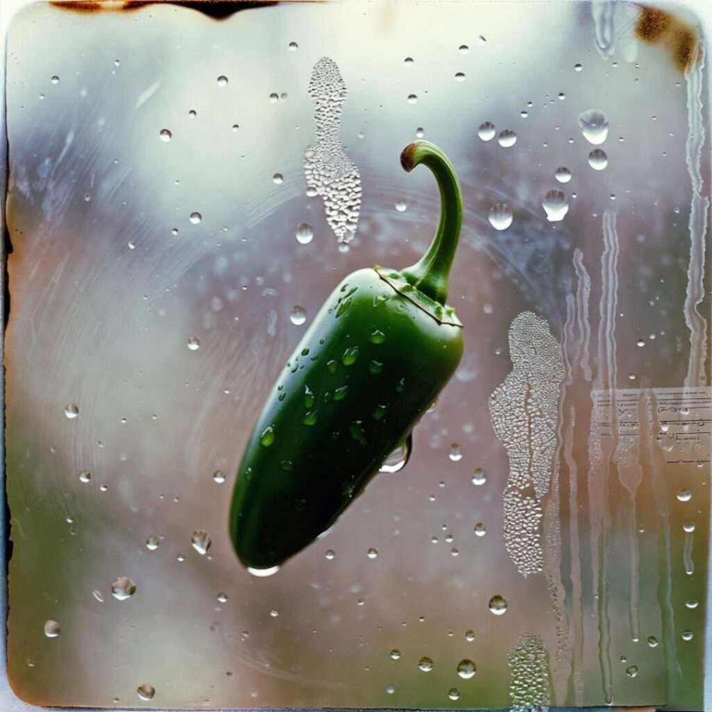 Jalapeño floating over unpaid bill, sweaty glass