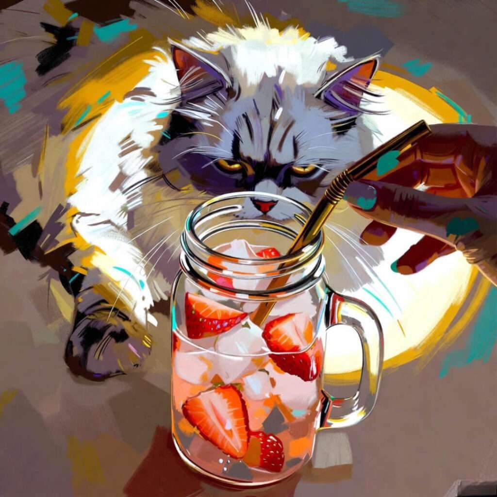 Strawberry mocktail, judgmental cat photobombing, ring light glare.