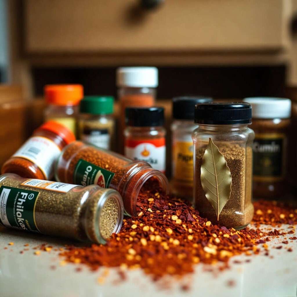 Spice drawer chaos, bay leaf on cumin jar.
