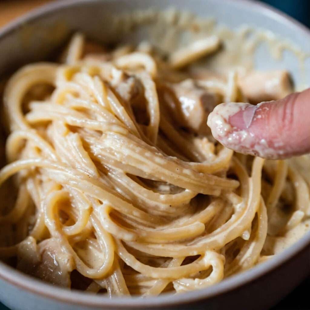 Creamy noodles, sauce-smeared thumb close-up.