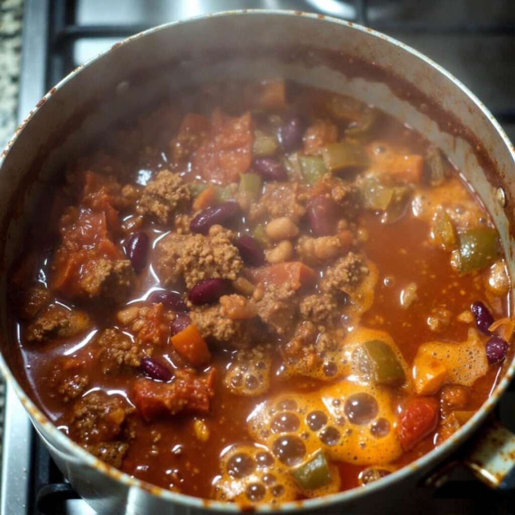 Messy chili bubbling, steam everywhere