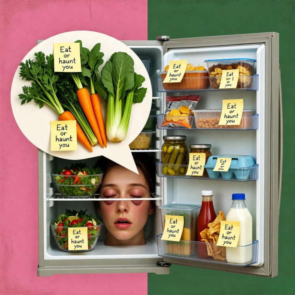 Fridge reflection, haunting notes, veggie speech.