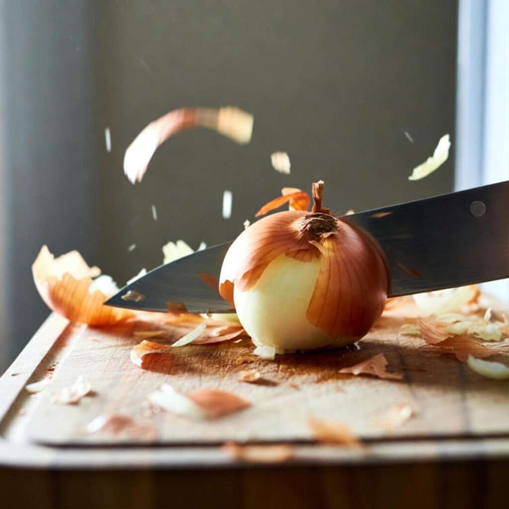 Onion skins fly, fridge-door view.