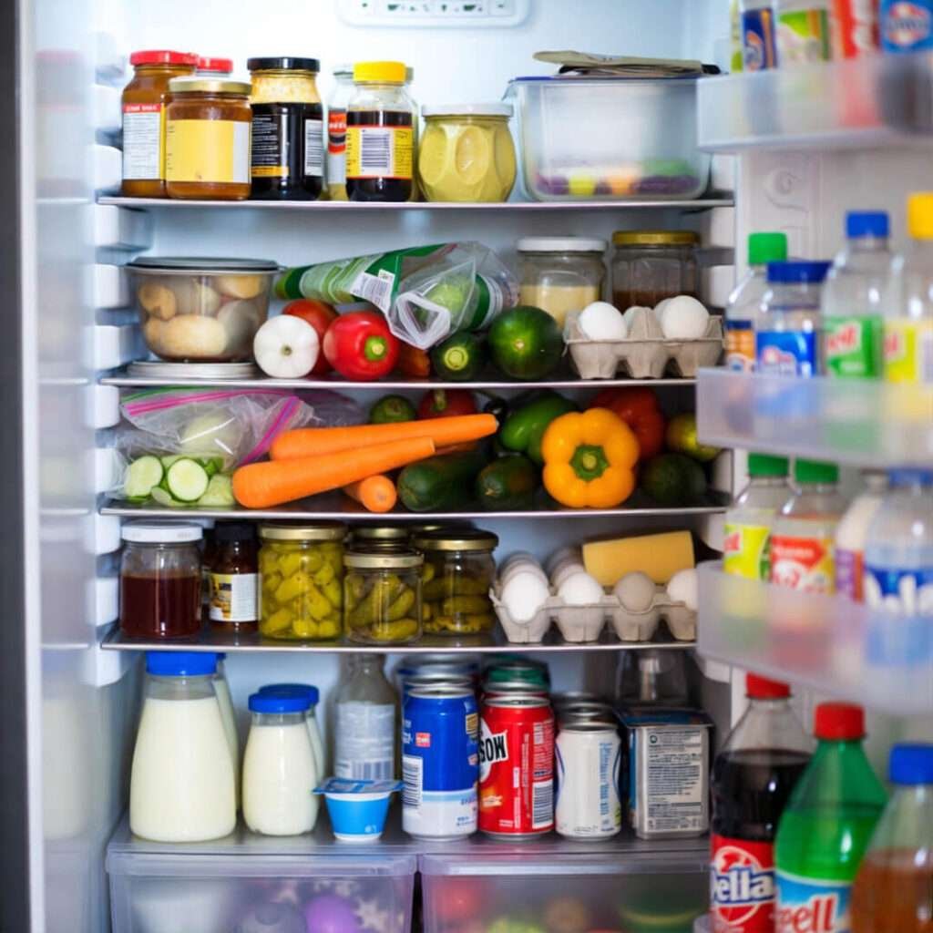 Chaotic fridge inspiring quick dinners.