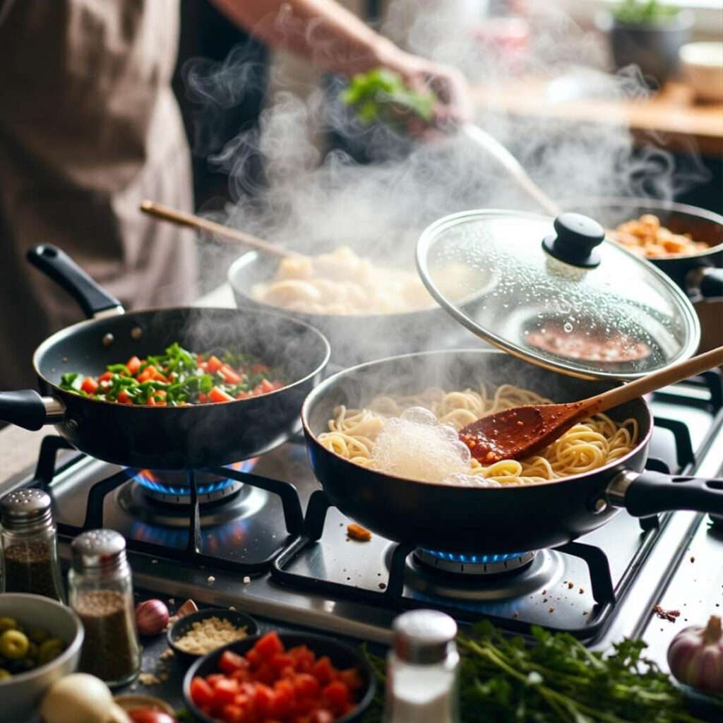 Three pans chaos, steam fogs lens.