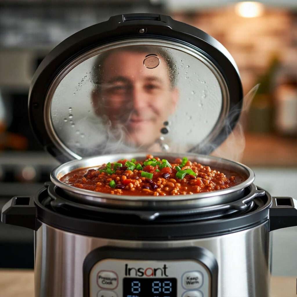 Foggy lid reflecting cook over hearty chili.