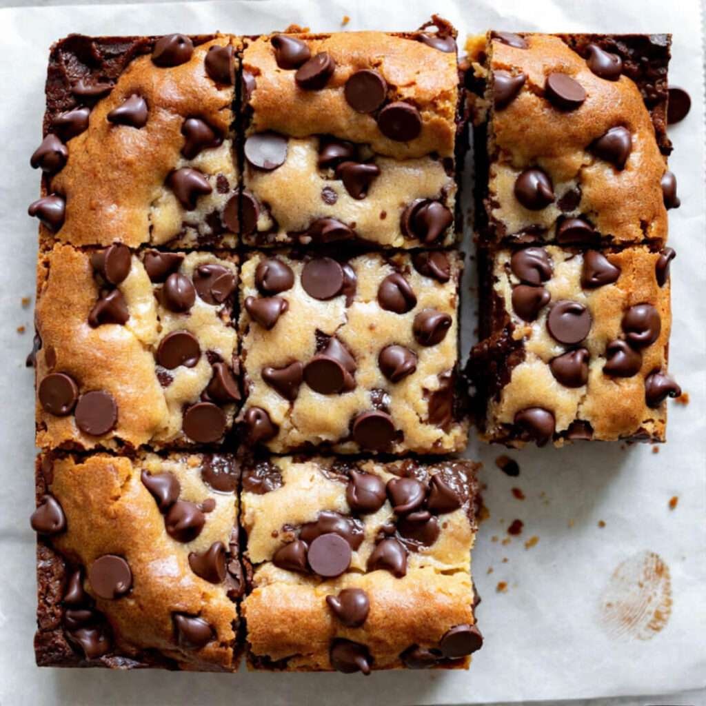 Uneven blondie chunks, fudgy middle shown.