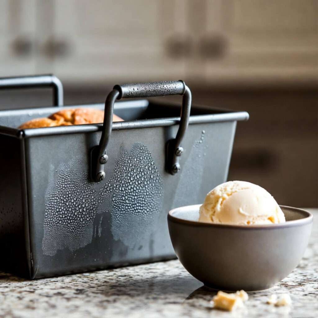 Sweaty loaf pan, imperfect scoop in thrift bowl.