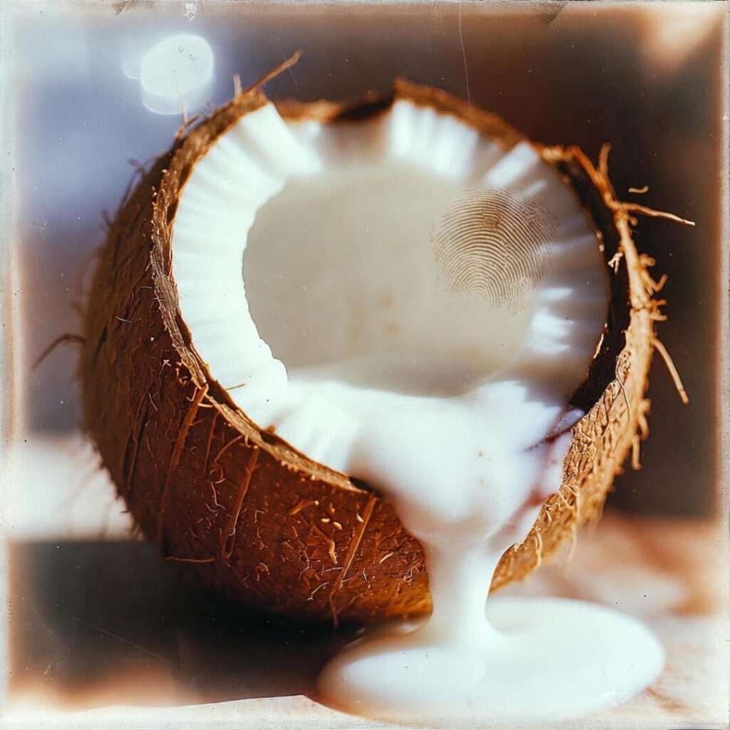 Oozing sorbet escaping cracked coconut shell.