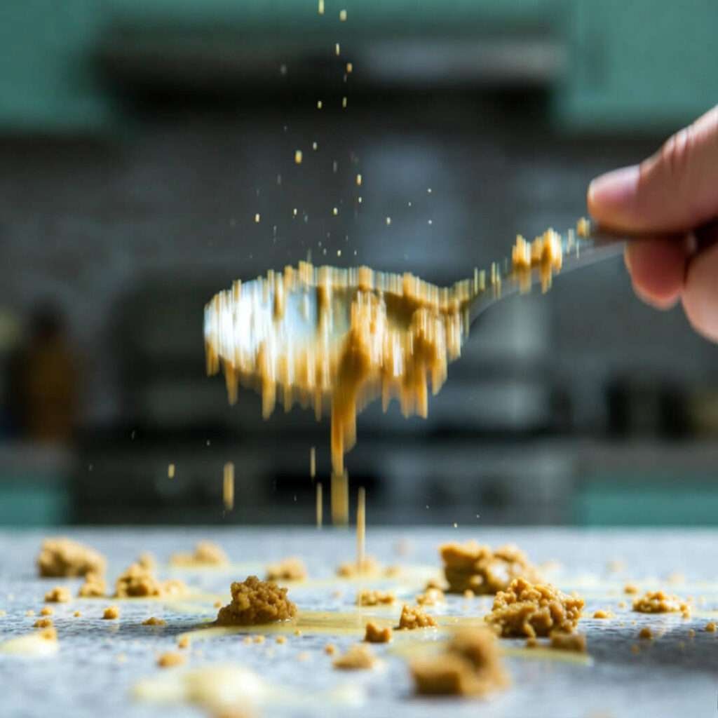 Dripping spoon mess, thumb in frame.