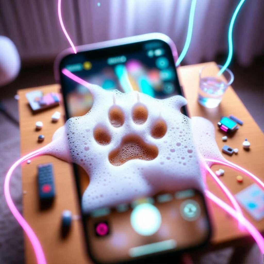 Overflowing root beer float with cat paw print.
