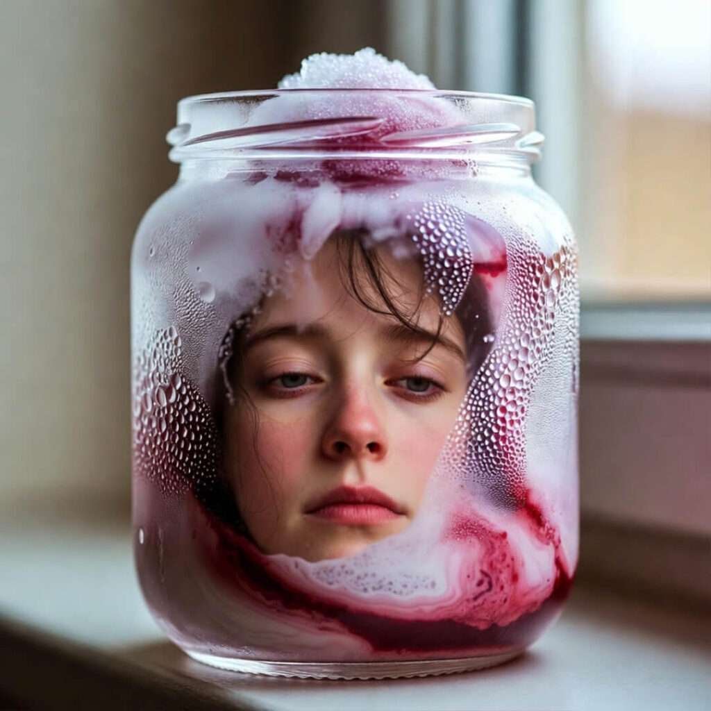 Sweaty layered sorbet jar with tired reflection.