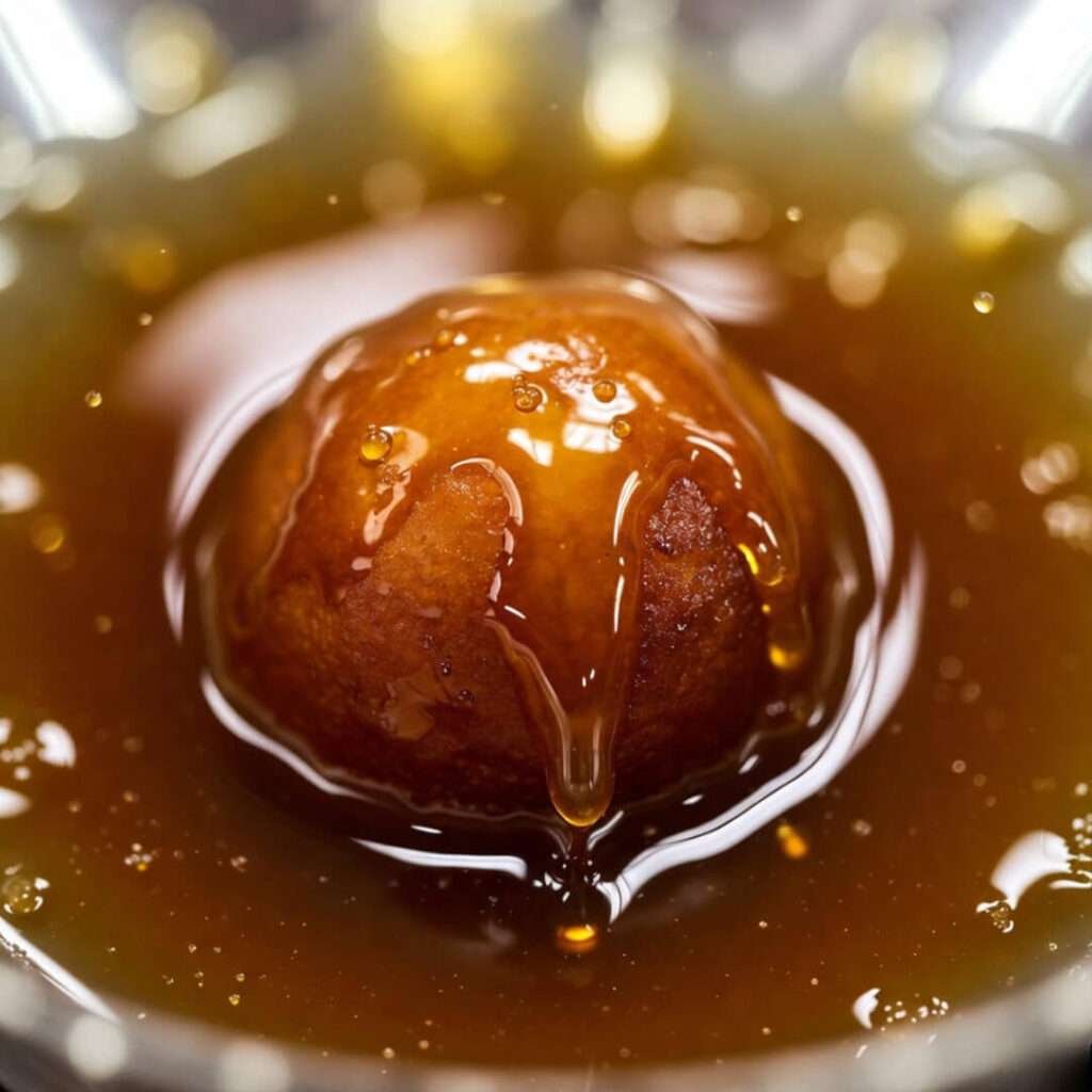 Giant gulab jamun looming in syrup, close-up menace