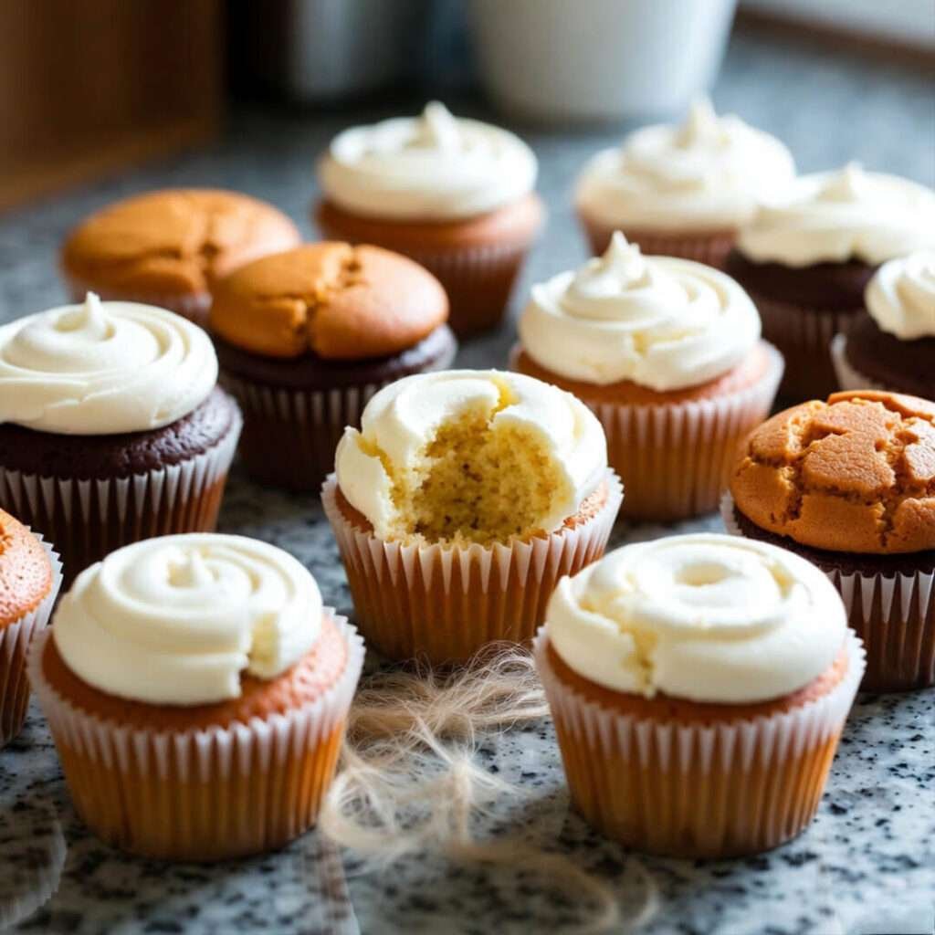 Half-frosted cupcakes, bite mark, dog hair.