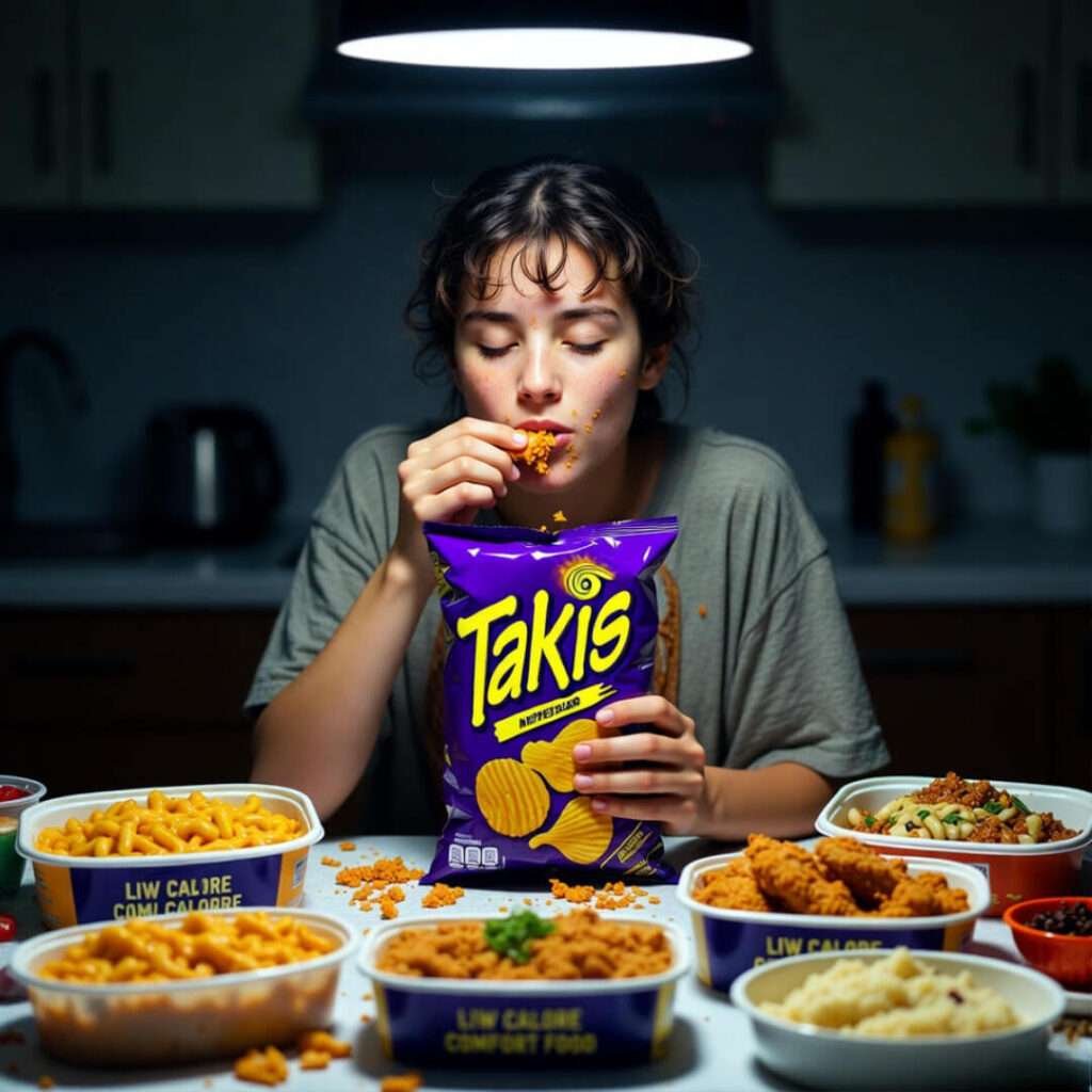 Messy late-night Takis binge vs low-cal comfort food