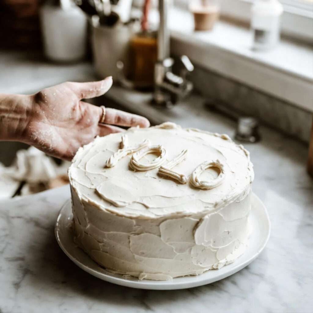 Lopsided YOLO cake, hand fixing letter.