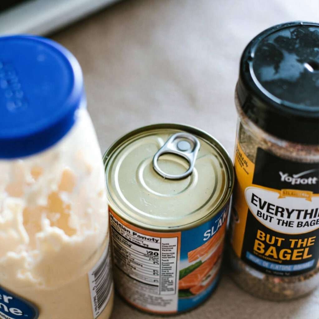 Open canned salmon, mayo, Everything Bagel seasoning spoon