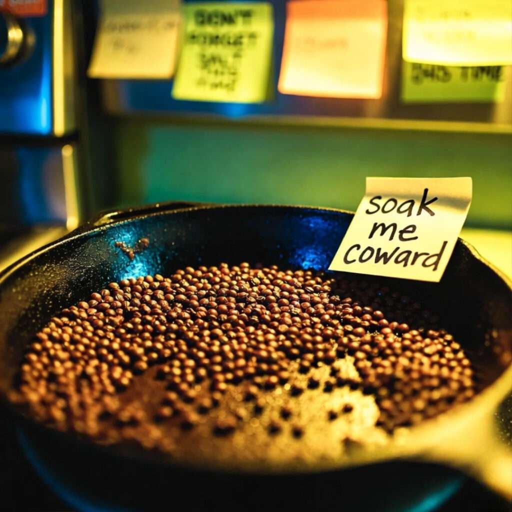 Crusty skillet with burnt lentils and "soak me coward" note