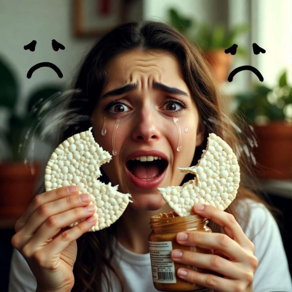 Crying person clutching rice cakes and almond butter jar
