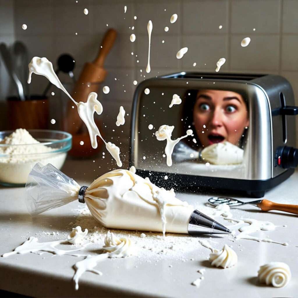 Frosting explosion, shocked face in toaster.