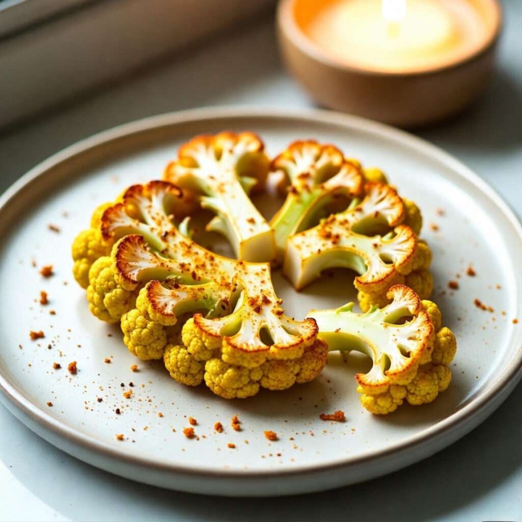 Turmeric cauli-steaks, one slice dramatically escaping.